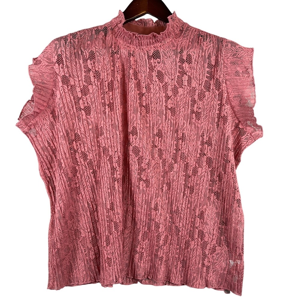 Pink Lace Mock Neck Top 1X Sheer Keyhole Back Ruffle Boho Cottagecore Blouse